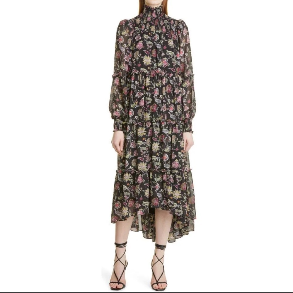 cinq a sept Black Floral High-Low Dress with Pink & Green Accents